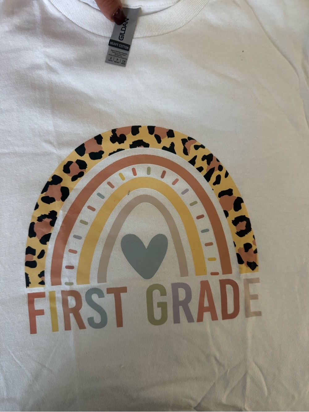 Gildan White Kids Tee with Neutral Rainbow & Leopard Accent